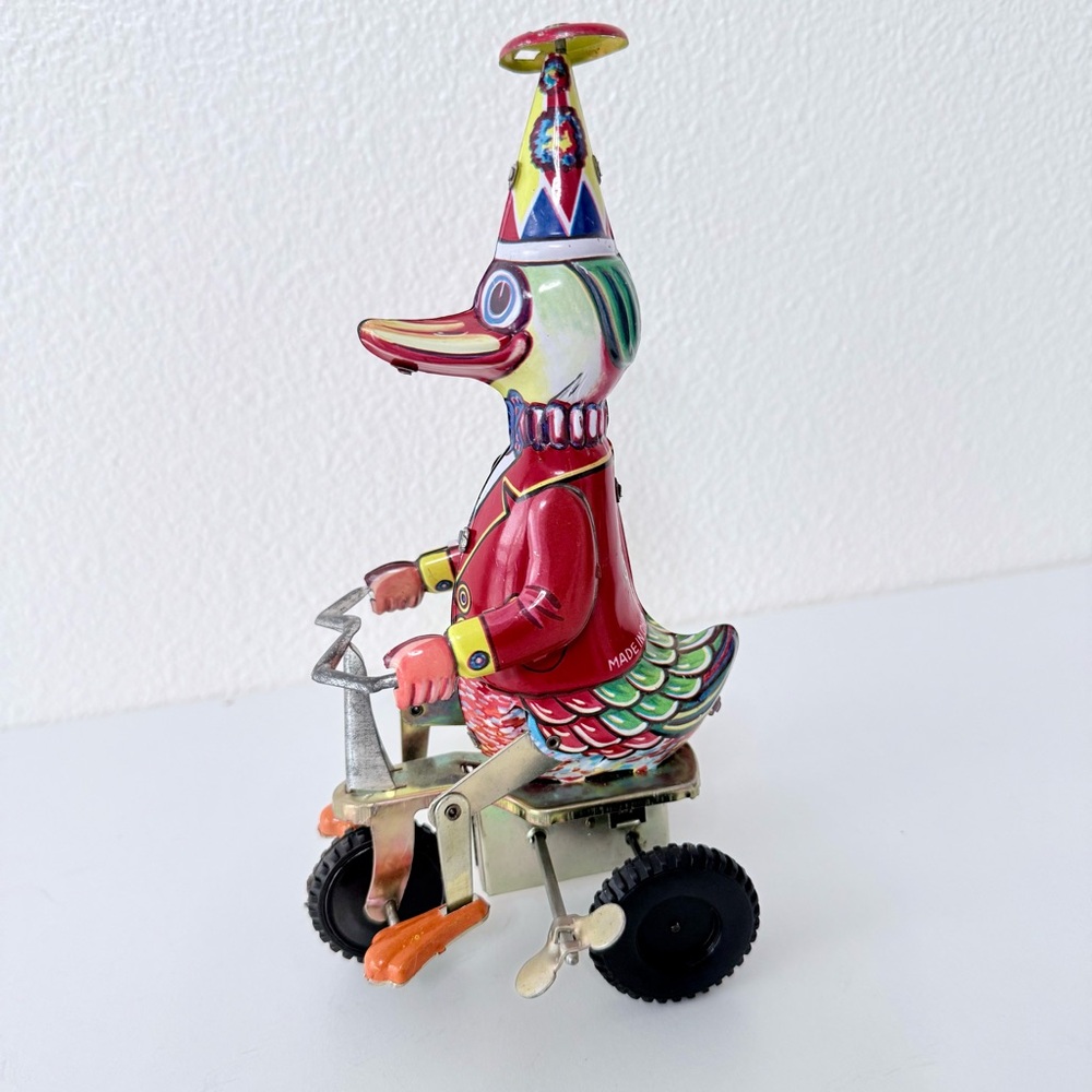 Vintage Litho Tin Toy Duck On Tricycle - Attached Key - 1970s-Collectible